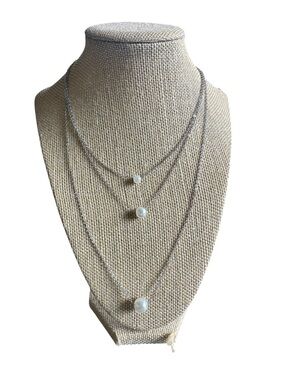 3 Strand Silver Layered Necklace with Pearl Accents